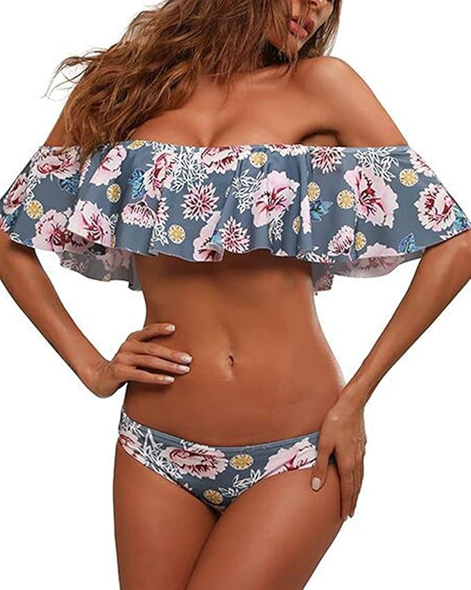 Tempt Me Women Off-Shoulder Two Piece Bikini Set Ruffled Floral Print Swimsuit | Amazon (US)