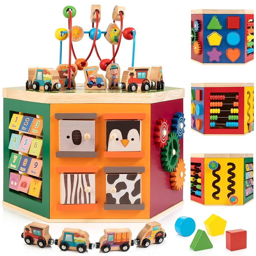 Large Activity Cube, 9-in-1 Farm-Themed Wooden Play Center, Multipurpose Montessori Toy for 1-2 Y... | Amazon (US)