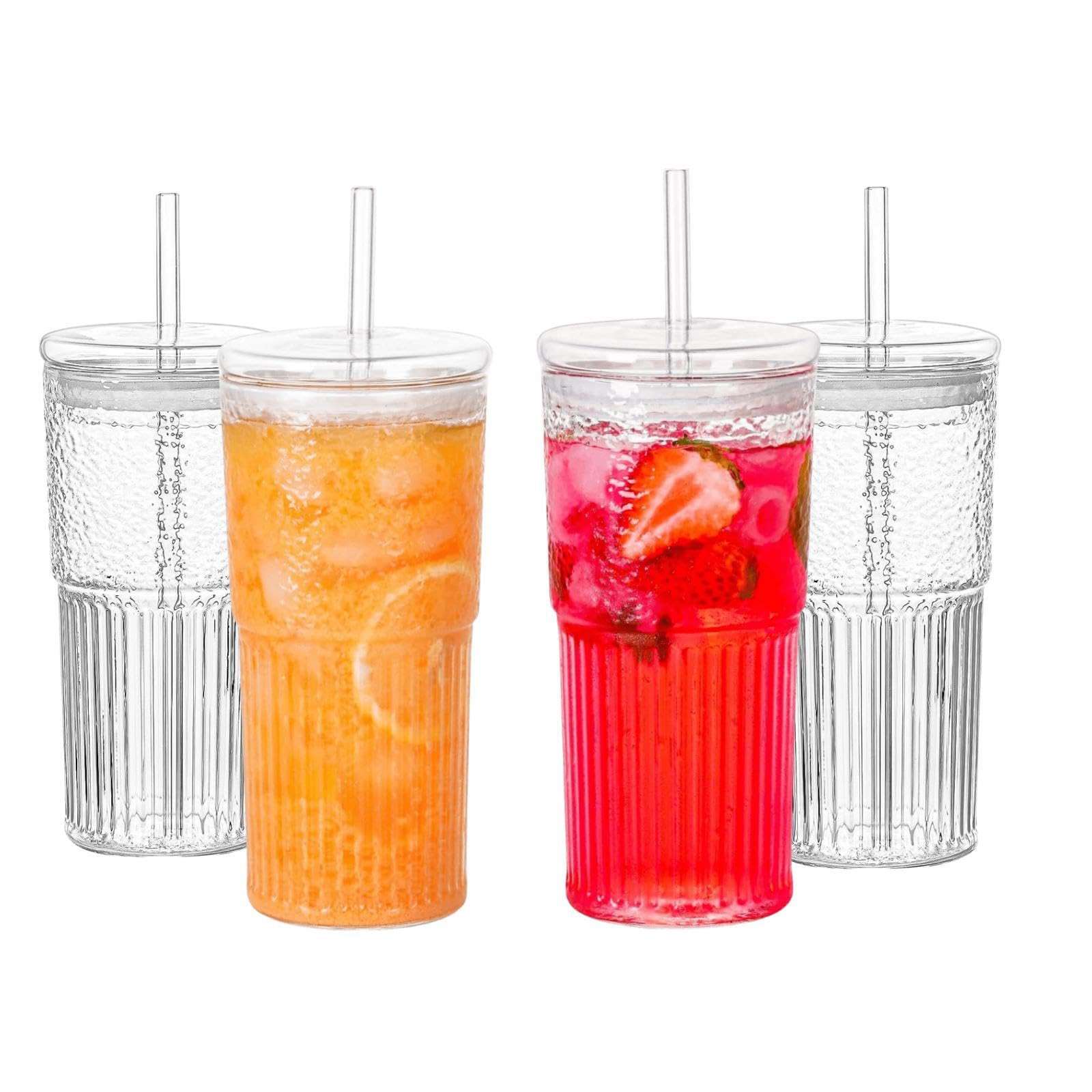Glass Cups With Lids and Glass Straws，20 OZ 4pcs High Borosilicate Glass Tumbler Iced Coffee Wa... | Amazon (US)