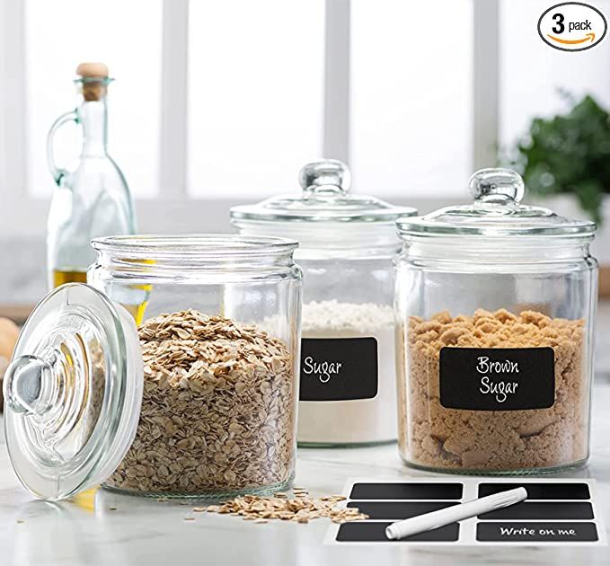 3pc Canister Sets for Kitchen Counter + Labels & Marker - Glass Cookie Jars with Airtight Lids - ... | Amazon (US)