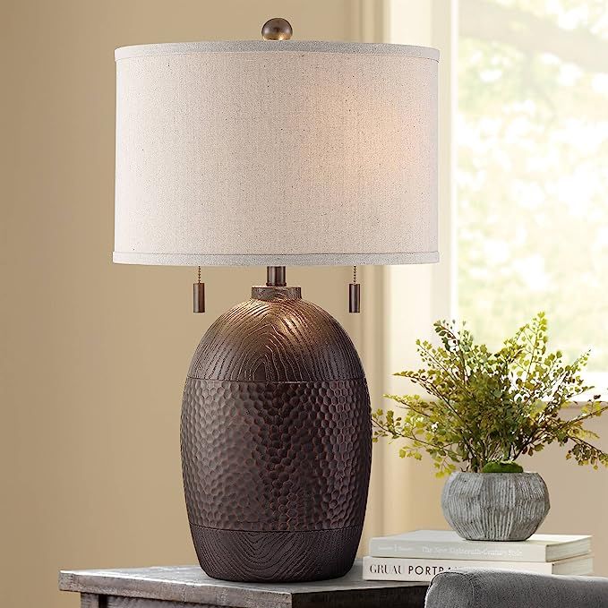 Byron Rustic Farmhouse Industrial Table Lamp 27.5" Tall Hammered Textured Bronze White Fabric Dru... | Amazon (US)