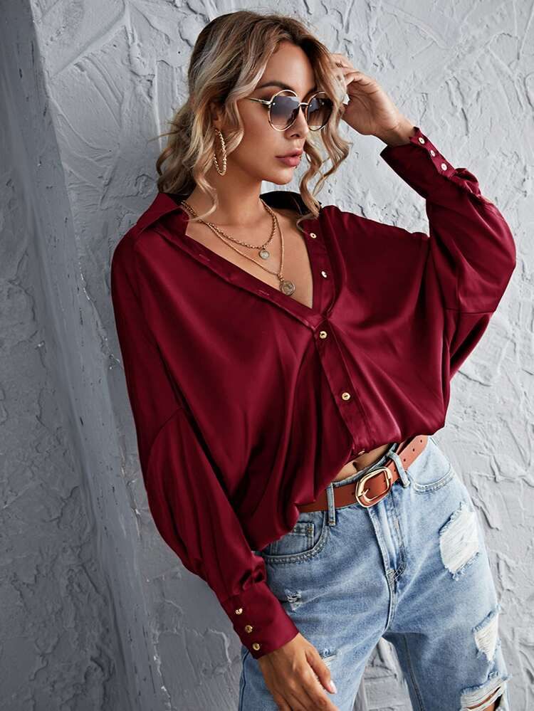 Batwing Sleeve Button Up Oversized Blouse | SHEIN