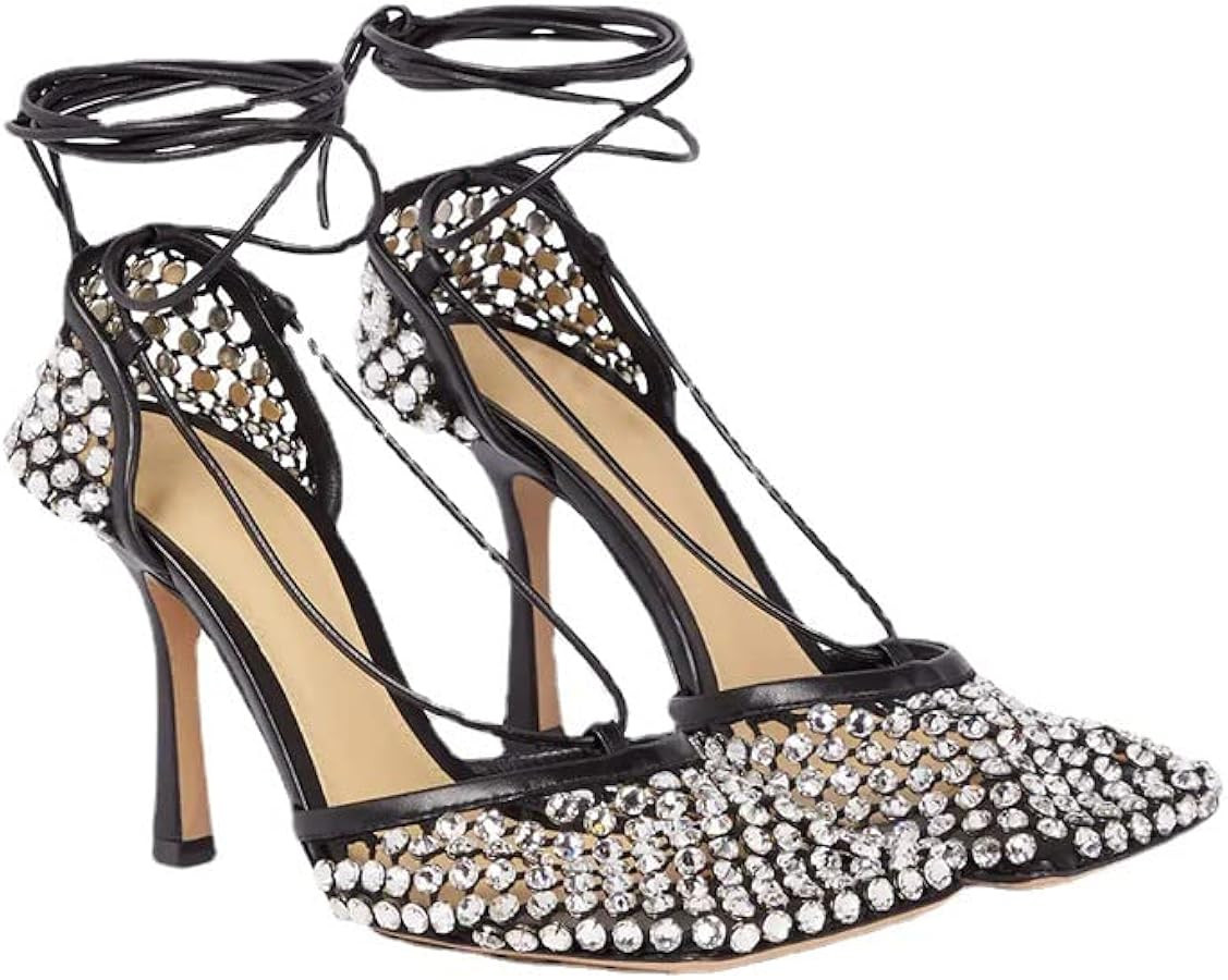 Richealnana Women's Rhinestones Net Square Toe Mesh Lace Up Strappy Sexy Sandals | Amazon (US)