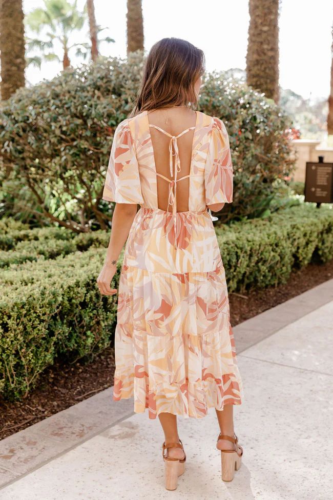 Wise Decision Yellow Tropical Open Back Midi Dress | The Pink Lily Boutique
