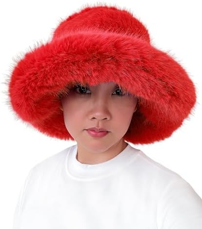 Lina & Lily Oversized Winter Faux Fur Bucket Hat for Women - Long Pile Fur Wide Moldable Brim | Amazon (US)