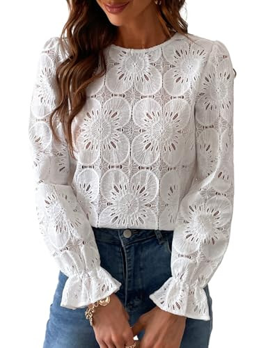 CUPSHE White Long Sleeve Shirts for Women Dressy Hollow Out Crochet Lace Embroidered Blouses 2025 Fashion Top White XL | Amazon (US)