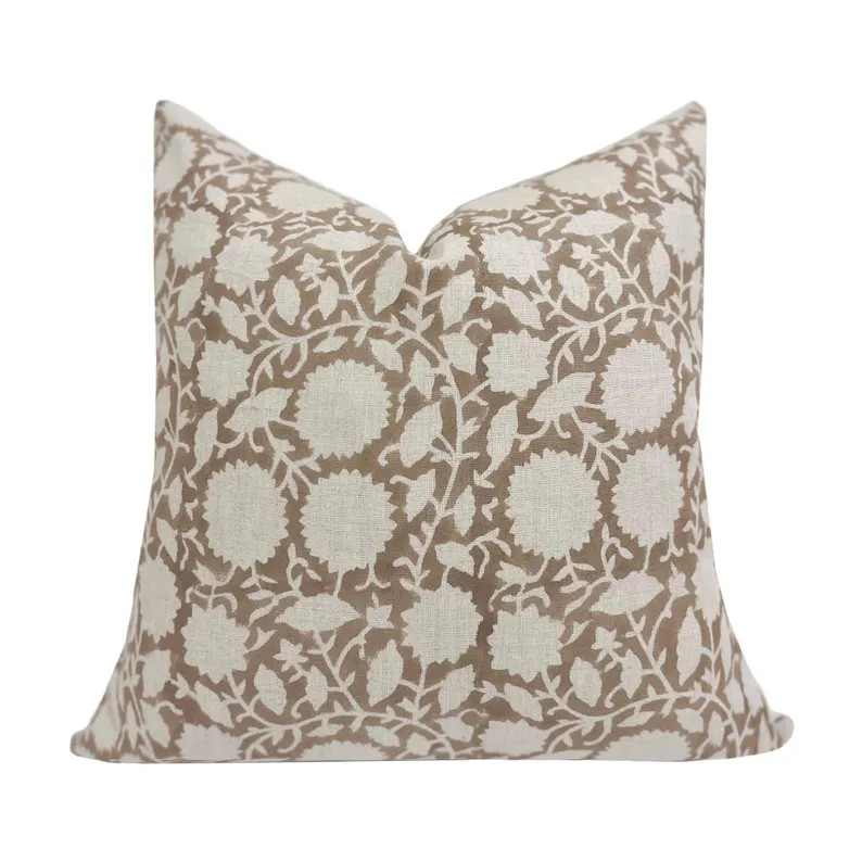 LENNOX Designer Floral Linen Pillow Cover, Light Brown Floral Pillow Cover, Block Print Linen Pil... | Etsy (US)