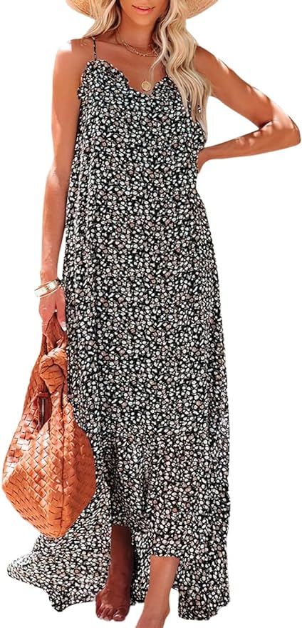 ANRABESS Womens Summer High Low Ruffle Maxi Dress Spaghetti Strap Print Flowy Beach Long Dress | Amazon (US)