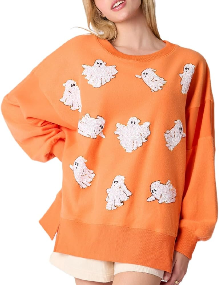 Argeousgor Women Halloween Sweatshirt Sequin Ghost Oversized Long Sleeve Sweater Pumpkin Pullover... | Amazon (US)
