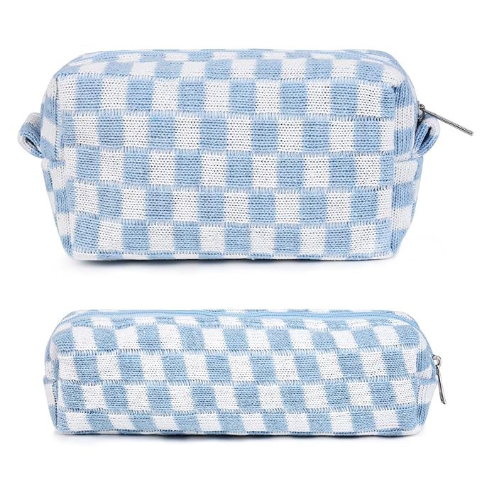 SOIDRAM Makeup Bag Checkered Cosmetic Bag Blue Makeup Pouch 1Pcs Large Capacity Makeup Bags and 1... | Amazon (US)