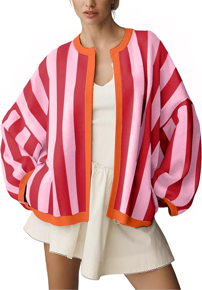 Women's Casual Loose Fit Striped Cardigan Long Balloon Sleeves Open Front Knit Sweater | Amazon (US)