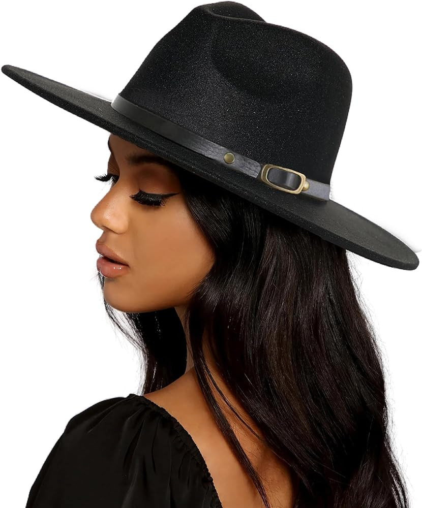 UTOWO Classic Black-Felt-Fedora-Hats-for-Women, Wide-Brim-Wool-Rancher-Panama Jazz Hat with Belt-... | Amazon (US)