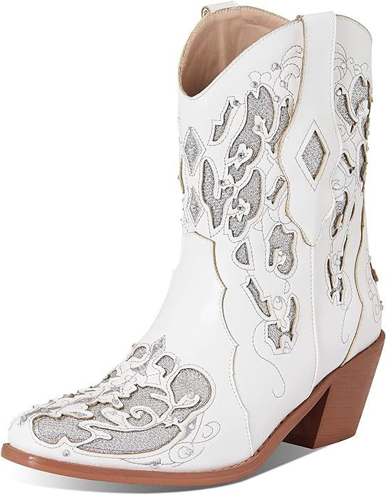 Tscoyuki Women's Glitter Cowgirl Wedding Ankle Boots, Embroidery Snip Toe Western Cowboy Boots fo... | Amazon (US)