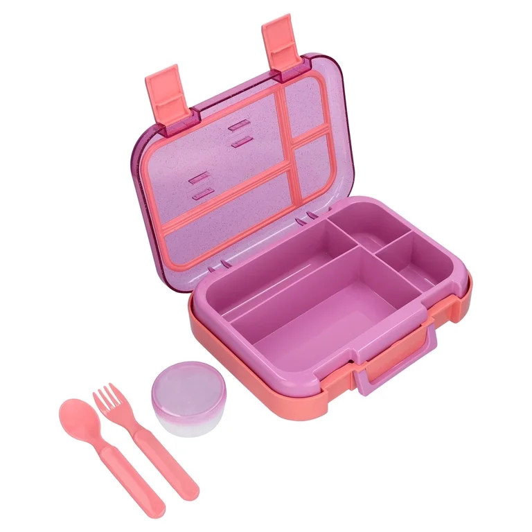 Mainstays Kids 4-Compartment Plastic Bento Box with Removable Tray, Fork, Spoon, and Dressing Con... | Walmart (US)