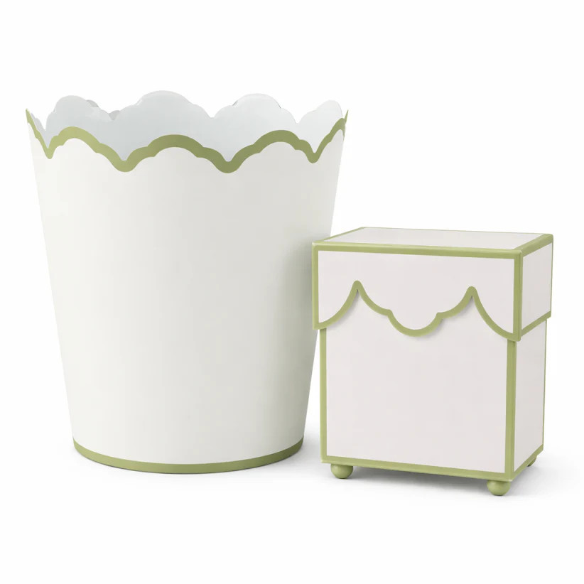 White & Olive Scalloped Wastepaper Basket & Tissue (3 Options) | The Enchanted Home
