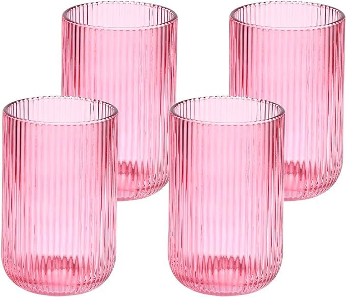 Ribbed Modern Drinking Glasses Set of 4-14.5 OZ Rose Romantic Water Glasses Tumblers for Wine, Wh... | Amazon (US)