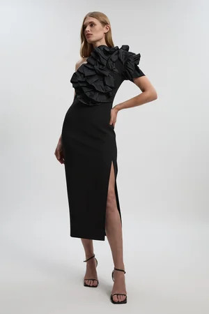 Compact Stretch Taffeta Ruffle One Shoulder Midi Dress | Karen Millen US