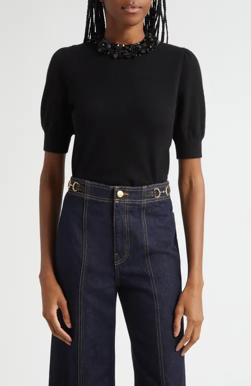 Ulla Johnson Crystal Collar Short Sleeve Cashmere Sweater in Noir at Nordstrom, Size Petite | Nordstrom