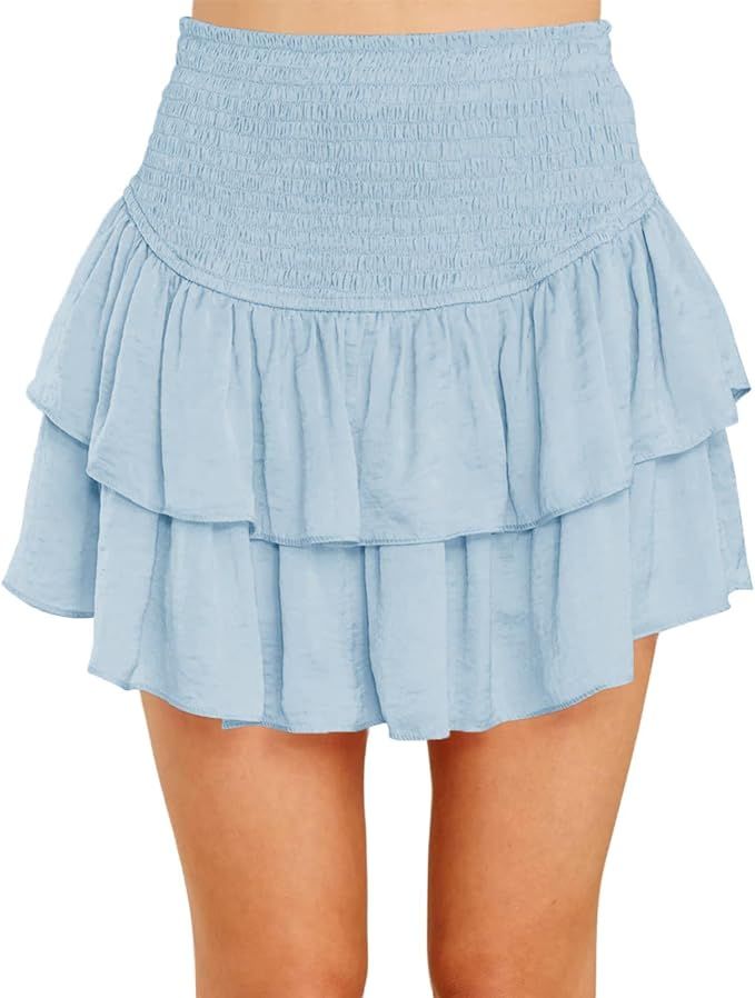 Amazon.com: Meikulo Women Smocked Ruffle Mini Skirts Summer High Waisted Tiered Short Skirt with ... | Amazon (US)