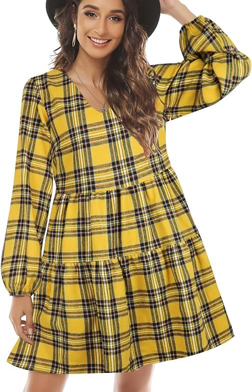 Amazon.com: FANCYINN Womens Long Sleeve Buffalo Plaid Shift Tunic Dress Ruffle Hem Vneck Casual S... | Amazon (US)