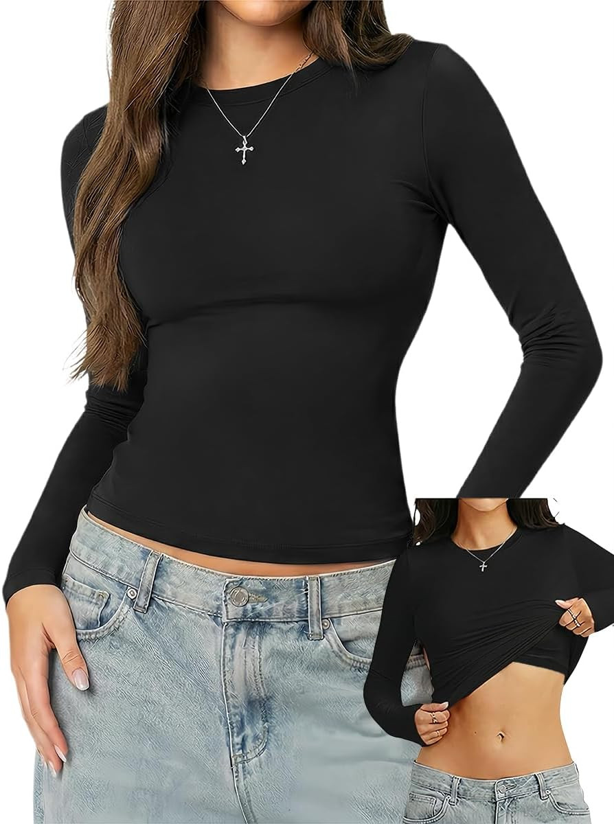 Danysu Double Lined High Round Neck Long Sleeve Tops for Women with Built in Bra Nylon Basic Crop Fall Tee Shirts | Amazon (US)