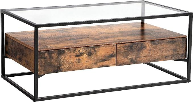 VASAGLE GLATAL Glass Coffee Table with 2 Drawers, Tempered Glass Top with Storage Shelf, Living R... | Amazon (US)