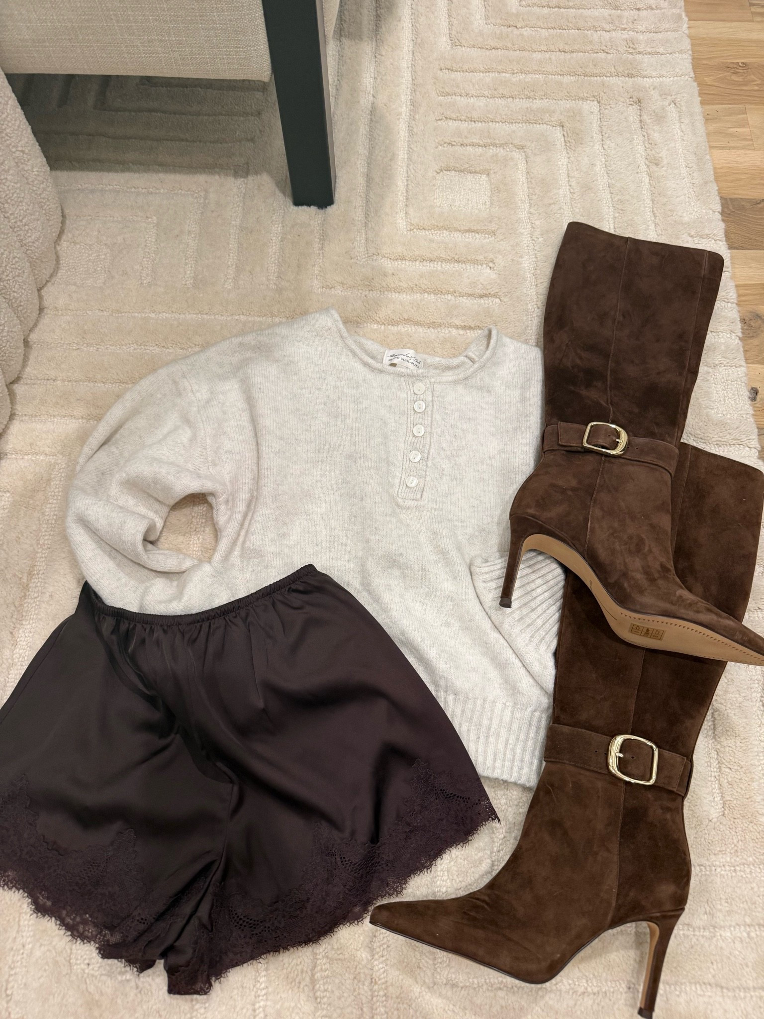 Super soft wool Henley sweater with trending satin shorts and brown suede boots