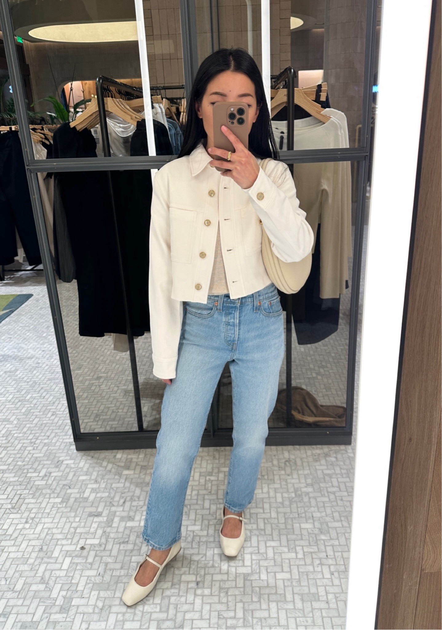 Levi’s jeans sale + trying on Aritzia jacket 

• Wilfred crop jacket in xxs . Many colors to match their effortless cropped pants (also linked) Jacket fit is Petite friendly fit except sleeves are the length as shown on my 5’ frame 

• Levi’s wedgie straight jeans 24w x 26L in fully baked light wash - these fit TTS and available in 2 inseam options. 26 length is petite friendly for me! I’m 5 feet tall for reference  

• jcrew cashmere crewneck sweater xxs, love the petite friendly fit of their shrunken cashmere 

 • Dolce vita Reyes flats 5.5.  I am between a 5 and 5.5 in most brands and took the bigger half size in these  

 • Songmont Luna bag


#LTKsalealert #LTKfindsunder100 #LTKSeasonal