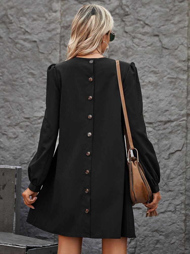 New
     
      Button Back Bishop Sleeve Tunic Dress Without Belt | SHEIN