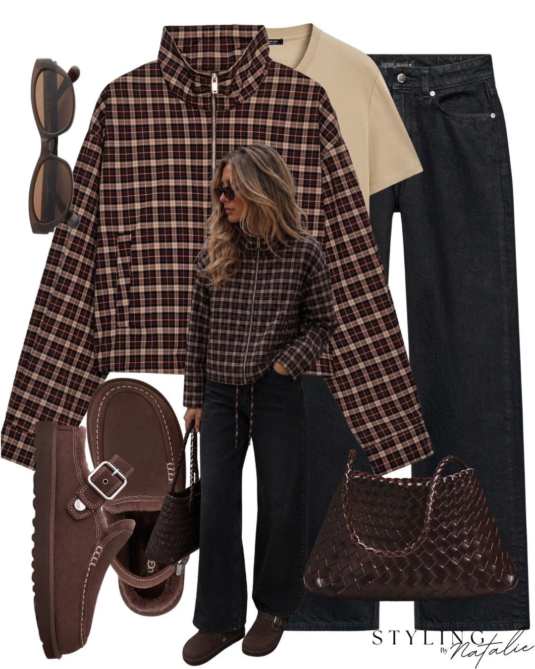 Checkered zip up jacket with a stone colour T-shirt, black jeans, clogs and a chocolate woven tote bag.
Autumn outfit, fall fashion, Ugg mules,  Zara style, fall style, trending style. Everyday, casual cool girl.

#LTKuk #LTKautumn #LTKeurope