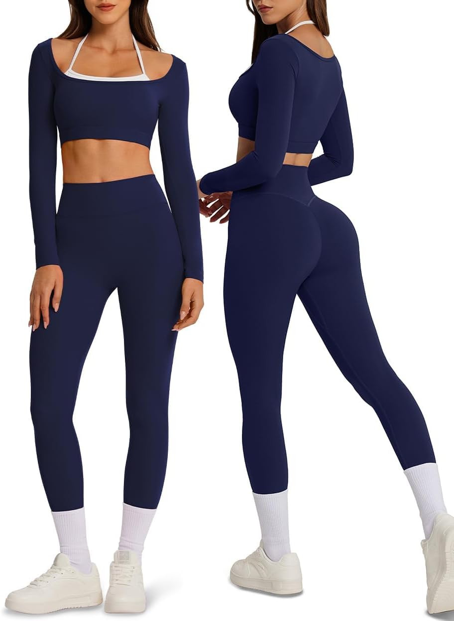 OMKAGI Womens Layered Workout Sets Long Sleeve Sports Bra Booty Gym Outfits | Amazon (US)