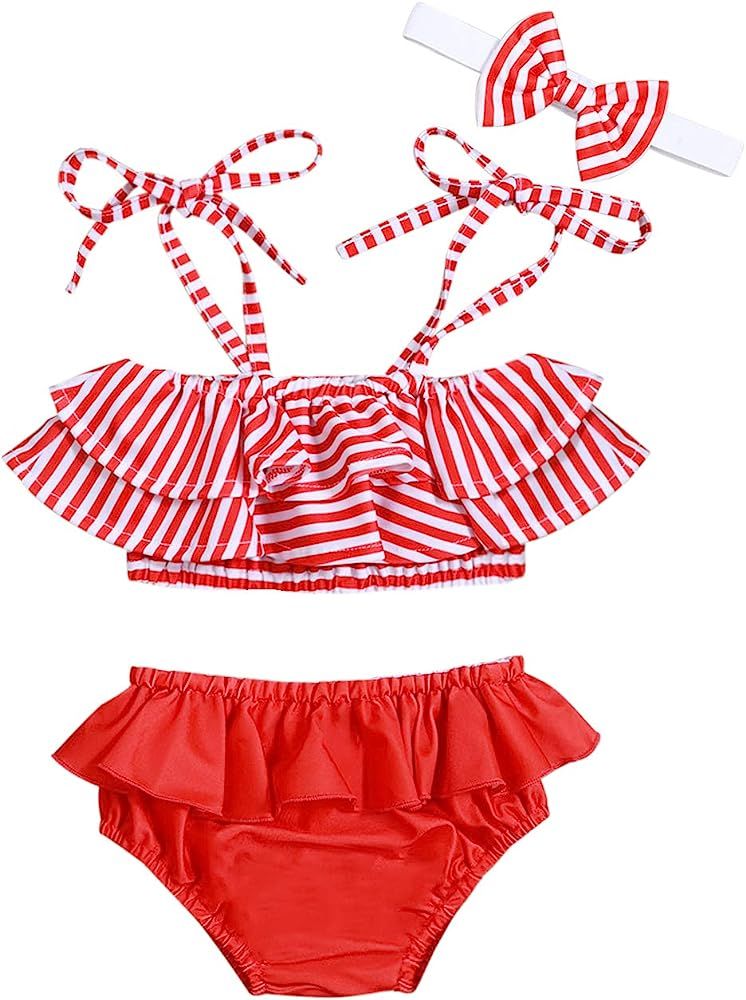Baby Girl Swimsuit Ruffle Red Dot Top and Bikinis Skirt with Headband 2 Piece Swimwear | Amazon (US)