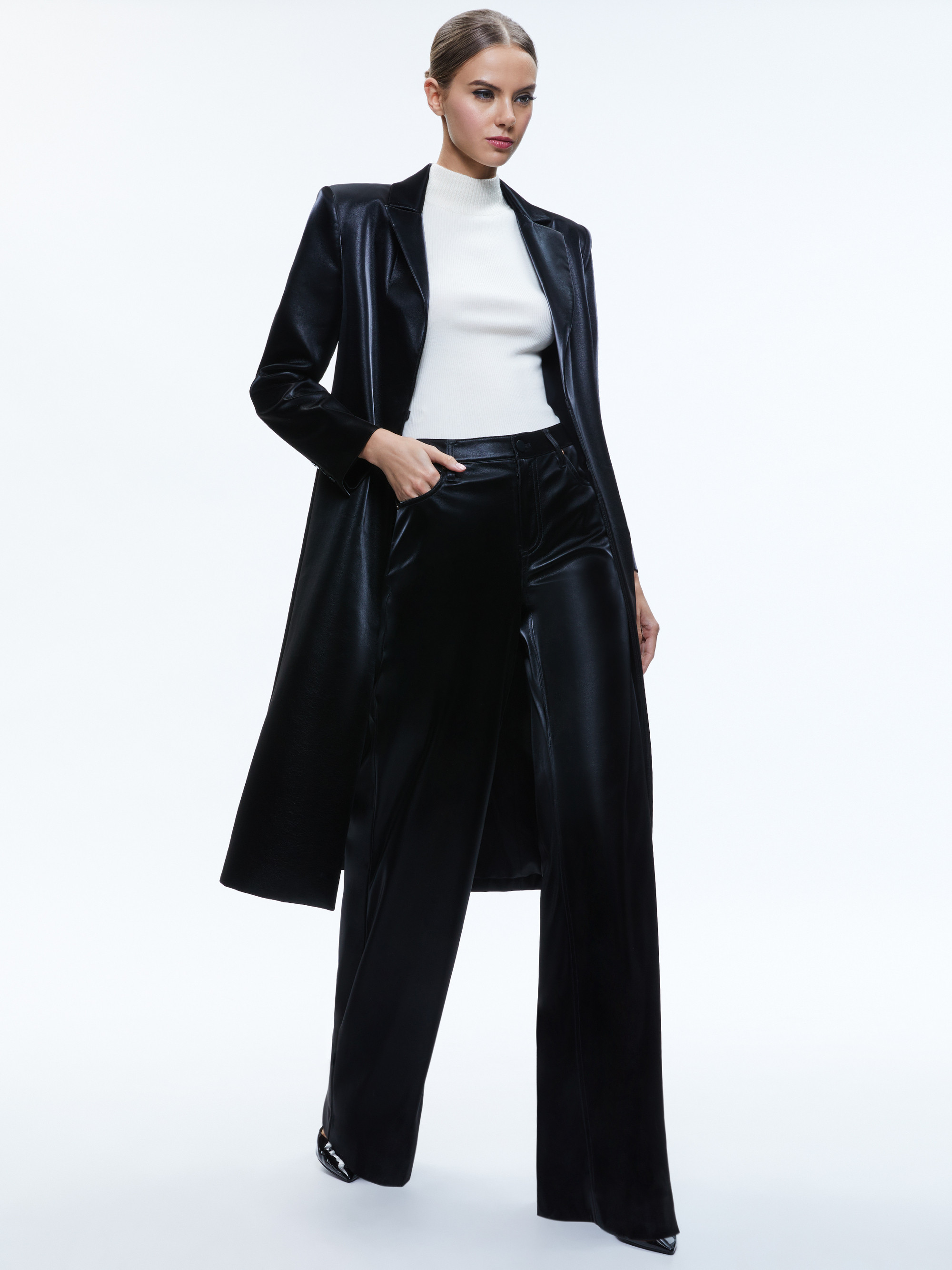 MYA VEGAN LEATHER LONG BLAZER | Alice + Olivia
