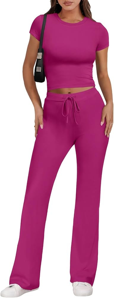 Caracilia 2 Piece Lounge Sets for Women Summer Casual Y2K Outfits Crop Top Straight Leg Pants Wor... | Amazon (US)