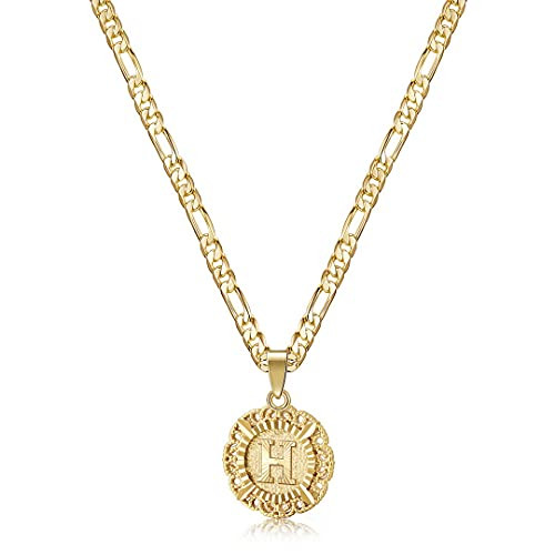 KissYan Initial Necklace for Women,14K Gold Plated Round Letter Pendant Necklace Capital Monogram Necklace Alhpabets from A-Z Figaro Chain Necklace(Gold H) | Amazon (US)