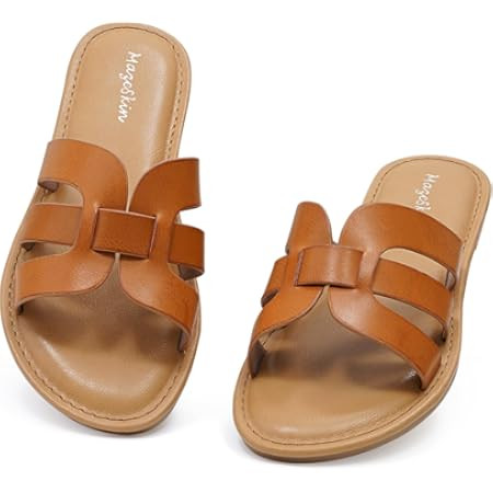 Athlefit Women's Flat Sandals Summer Casual Slip On Leather Slide Sandal | Amazon (US)