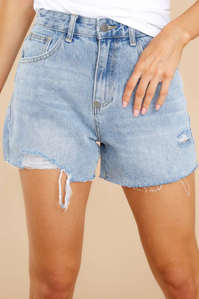 Take A Leap Light Wash Distressed Denim Shorts | Red Dress 