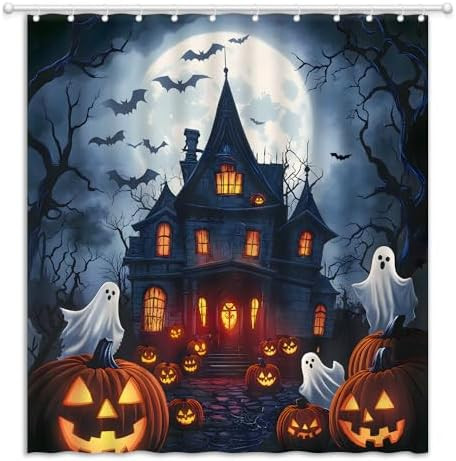 Halloween Shower Curtain Spooky Castle Ghost Pumpkin Haunted House Full Moon Scary Night Bats Hor... | Amazon (US)