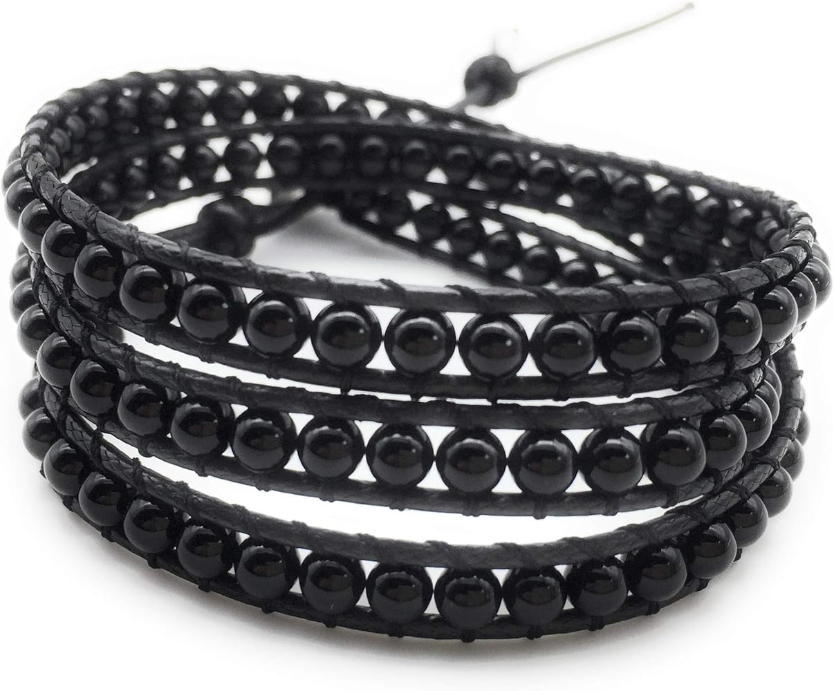 Handmade Alloy Leather Natural Stone Bead Statement Bracelet Bangle Cuff Rope 3 Wrap Adjustable J... | Amazon (US)