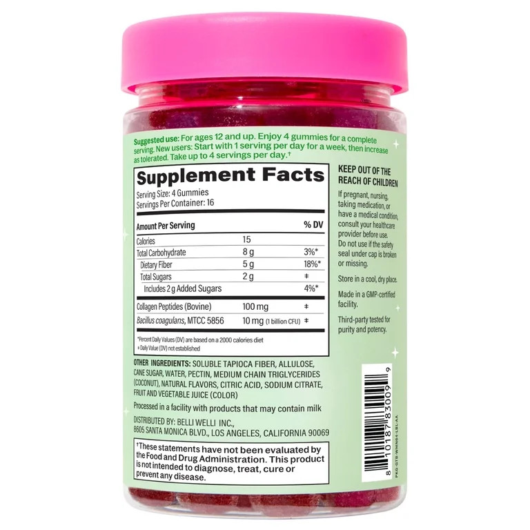 BelliWelli Daily Fiber Gummy Supplement with Probiotics, and Collagen - Watermelon 64 Count | Walmart (US)