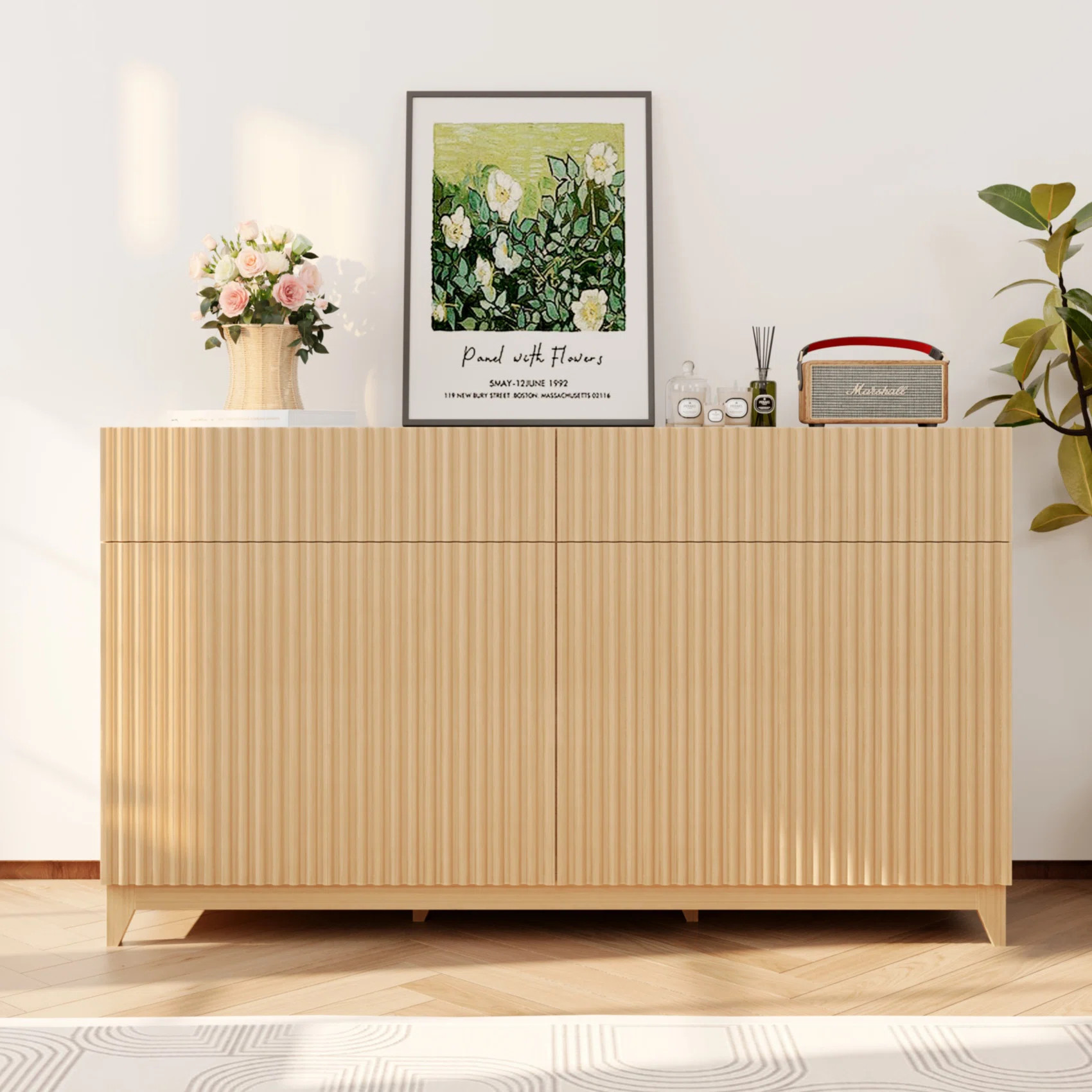63" Fluted Storage Cabinet Sideboard Buffet With Adjustable Shelves, Wood Credenza Multifunctiona... | Wayfair North America