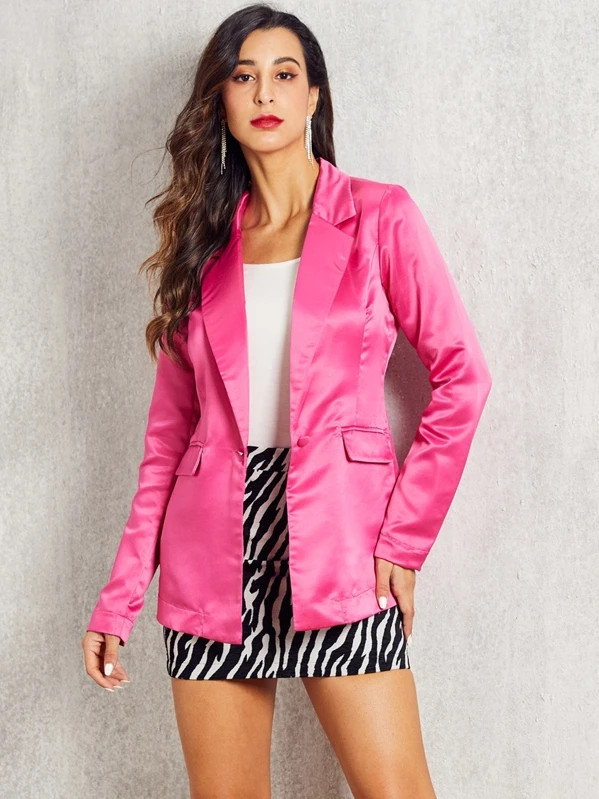 SBetro Neon Pink Single Button Satin Blazer | SHEIN