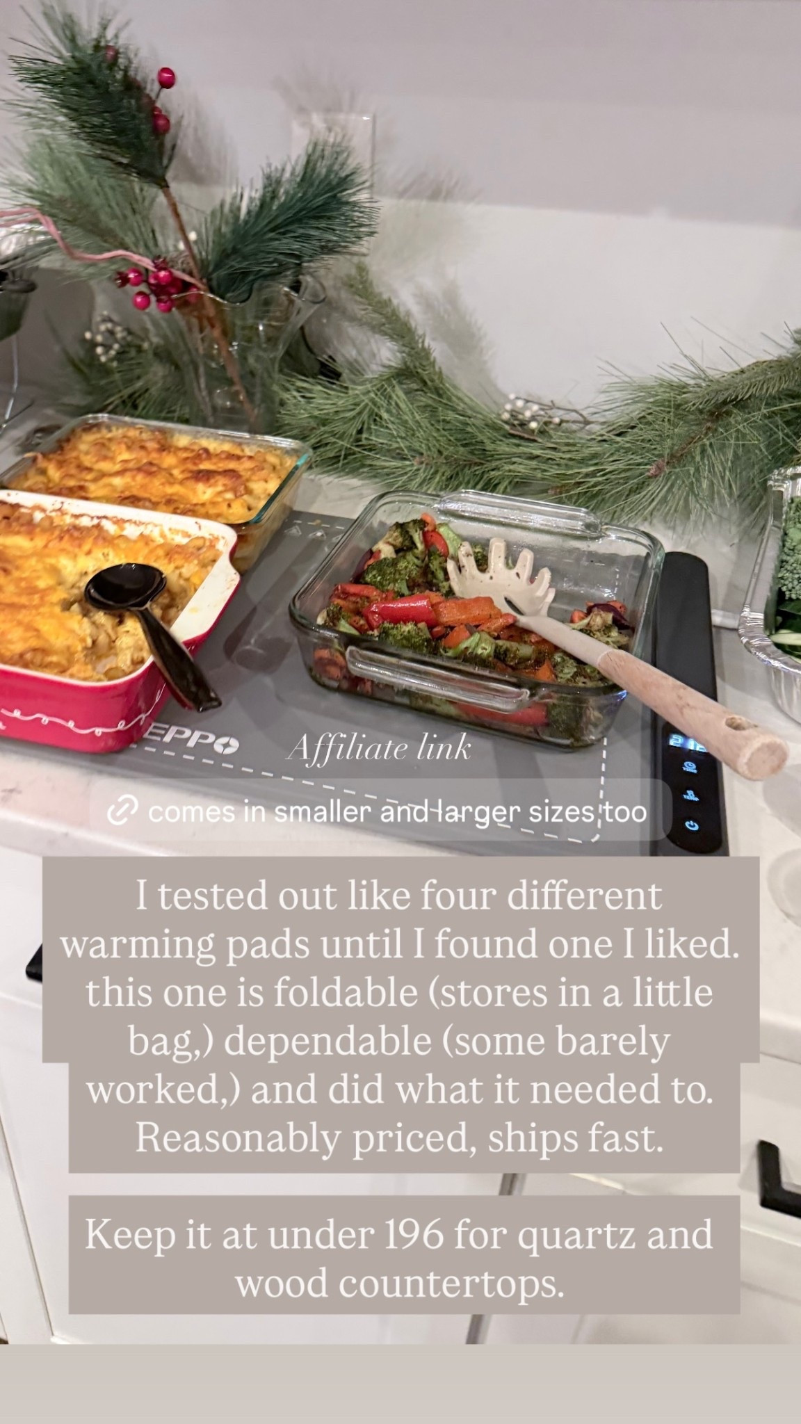 I tested out like four different warming pads until I found one I liked. this one is foldable (stores in a little bag,) dependable (some barely worked,) and did what it needed to. Reasonably priced, ships fast. 

Keep it at under 196 for quartz and wood countertops.  Affiliate link

#LTKHoliday #LTKHome #LTKfoodie