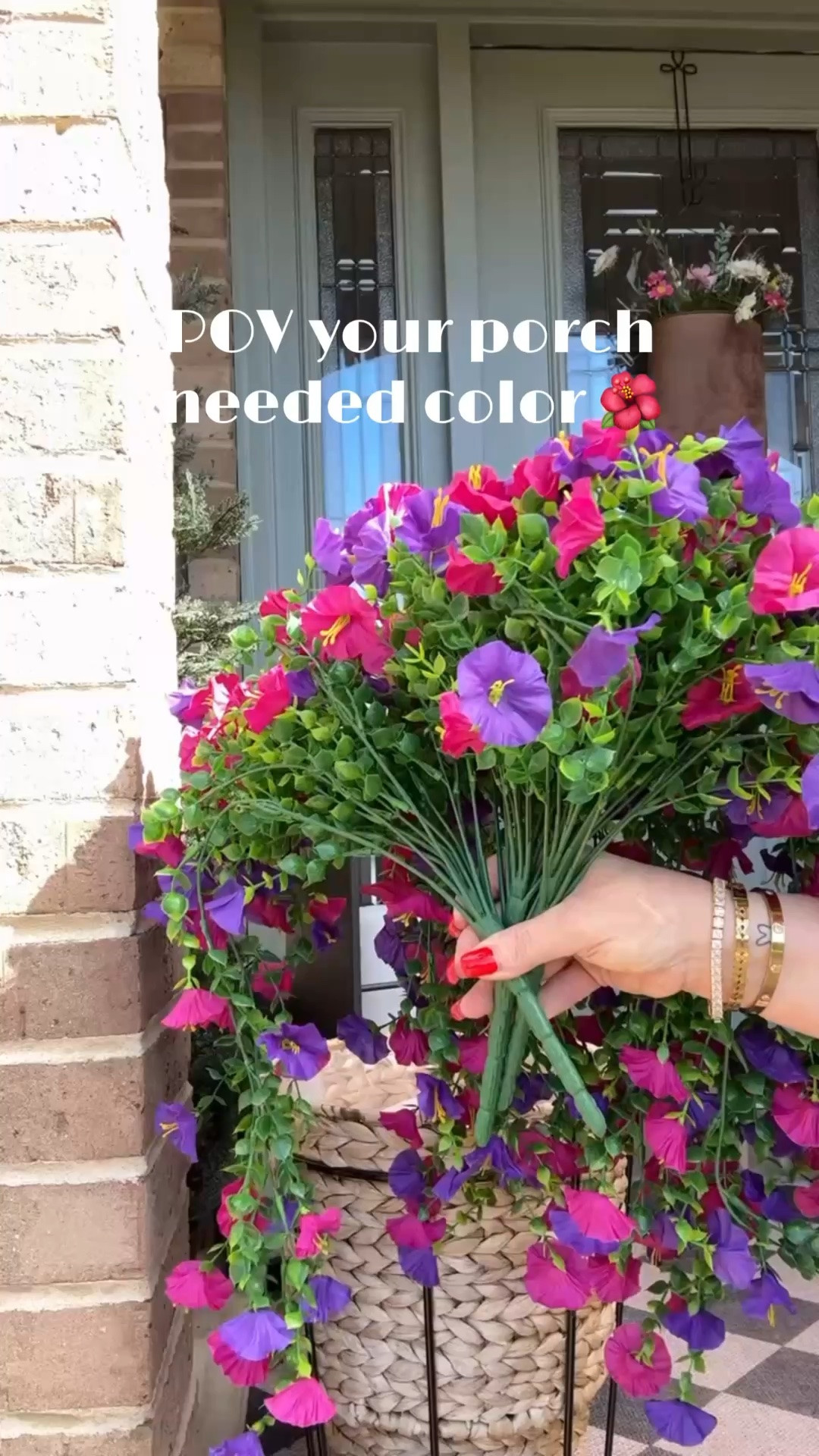 Adding a little color to the porch without the upkeep. 🌺 These vibrant faux flowers instantly brightened my front entry and look so realistic from the curb. I love mixing the pink and purple blooms for a cheerful summer look that stays beautiful all season long.

Perfect for planters, porch pots, and outdoor decorating when you want the look of fresh flowers without the watering. 🌸💜