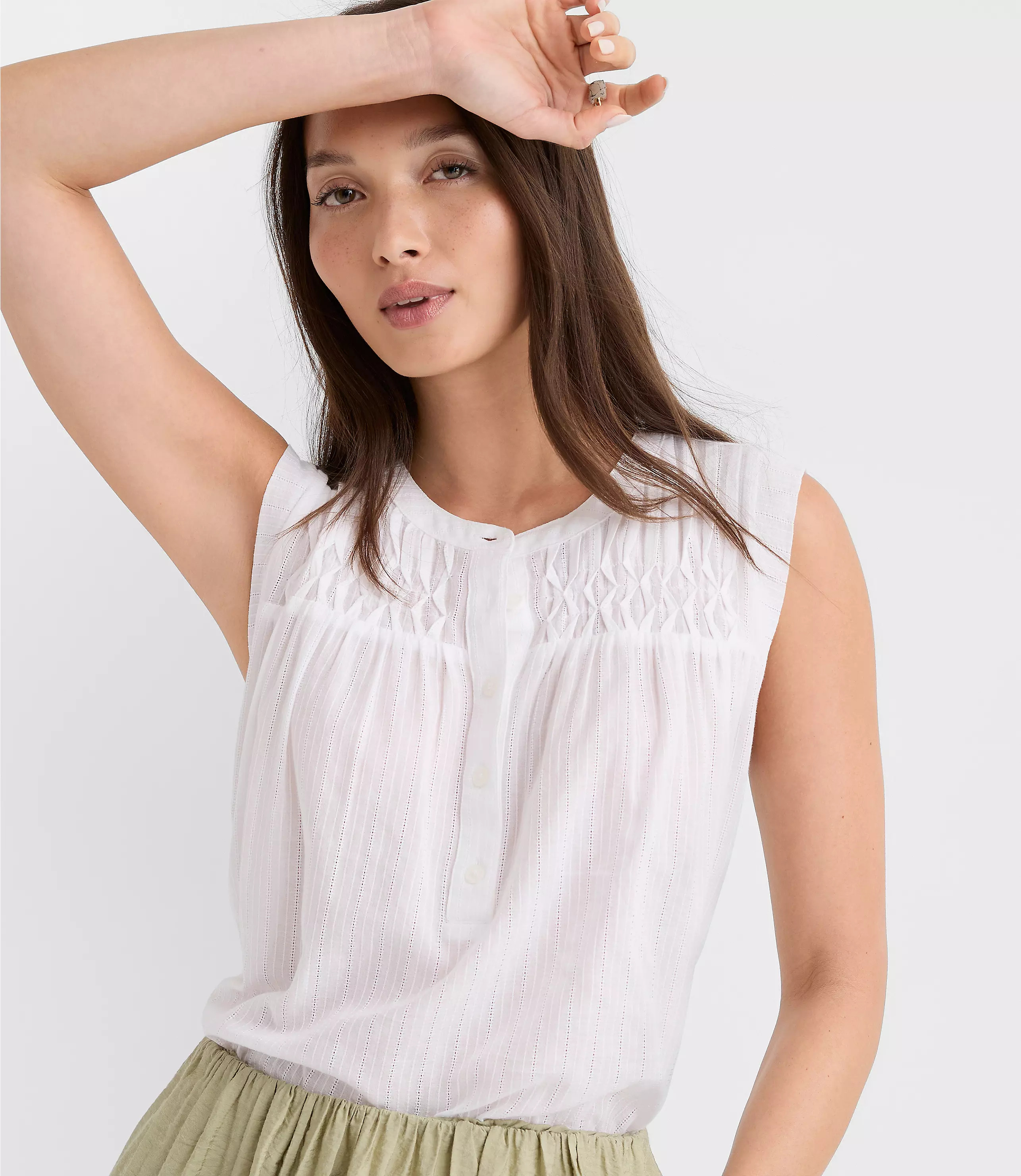 Pleated Yoke Mixed Media Shell | LOFT