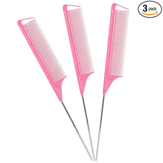 Rat Tail Combs Set - 3 Pack Long Steel Pin Combs for Hair Stylists, Parting and Teasing, Great fo... | Amazon (US)