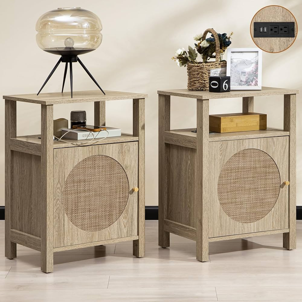 SICOTAS Rattan Nightstand Set of 2, Boho Tall Night Stand with Charging Station, Wooden Farmhouse... | Amazon (US)