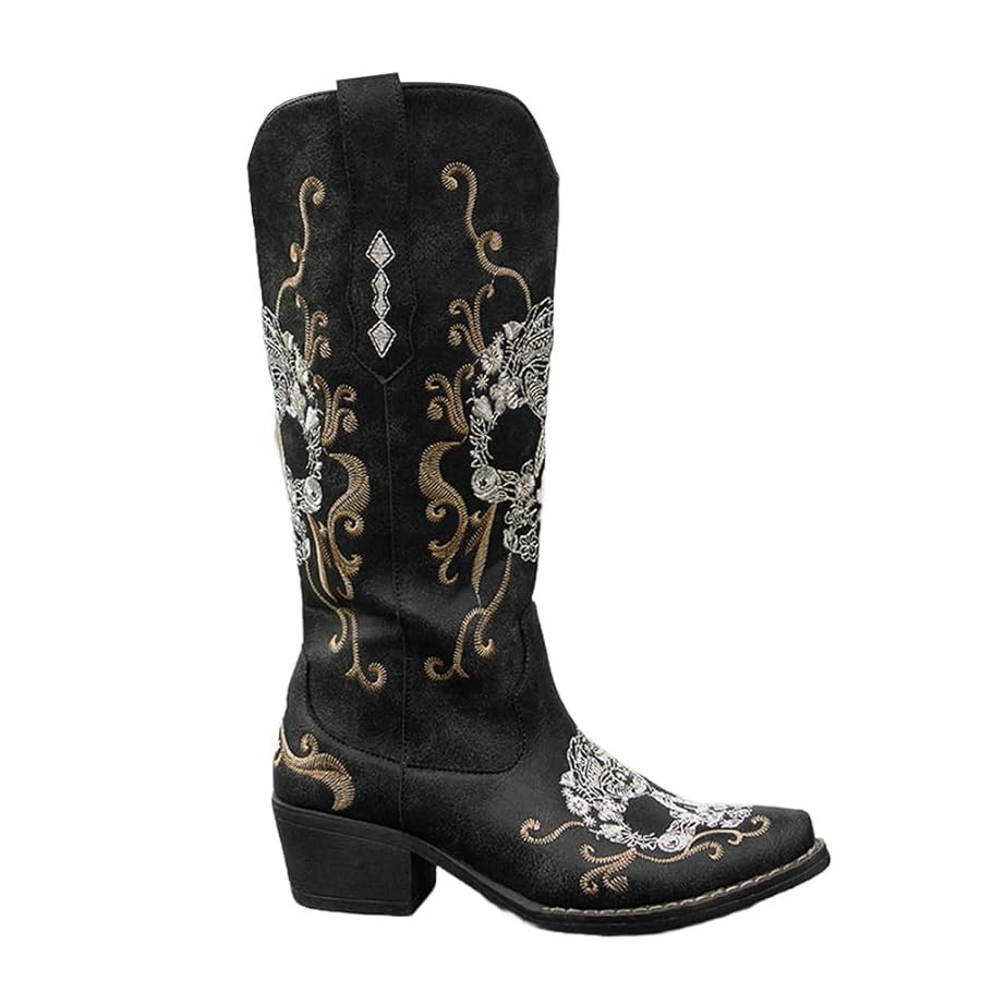 Women’s Embroidered Skull Cowboy Boots – Western Style, Slip-On Mid-Calf Boots, Chunky Heel, ... | Amazon (US)