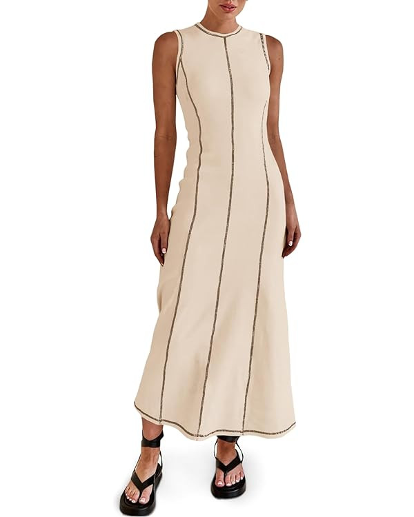 Wenrine Womens Sleeveless T Shirt Dress Summer Contrast Stitch Ribbed Knit Tank Maxi Dresses | Amazon (US)