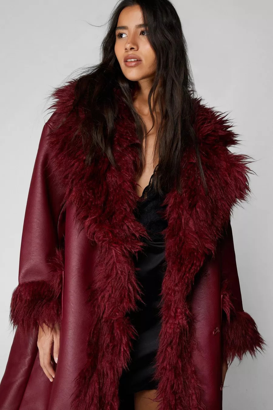 Faux Leather Shearling Fur Trim Longline Afghan Coat | Nasty Gal US